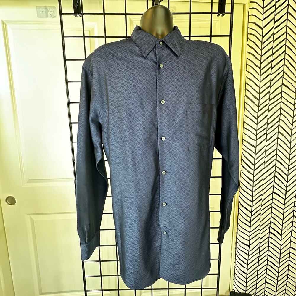 Alfani Mens Long Sleeve Button Front Shirt Blue Tonal Jacquard Swirl Pattern L